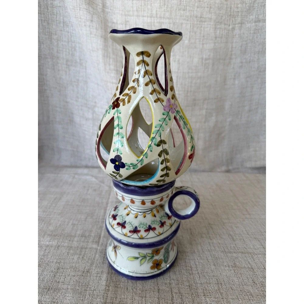 Brilho e Arte Candle Holder Portugal Ceramic Blue Floral Vintage Excellent